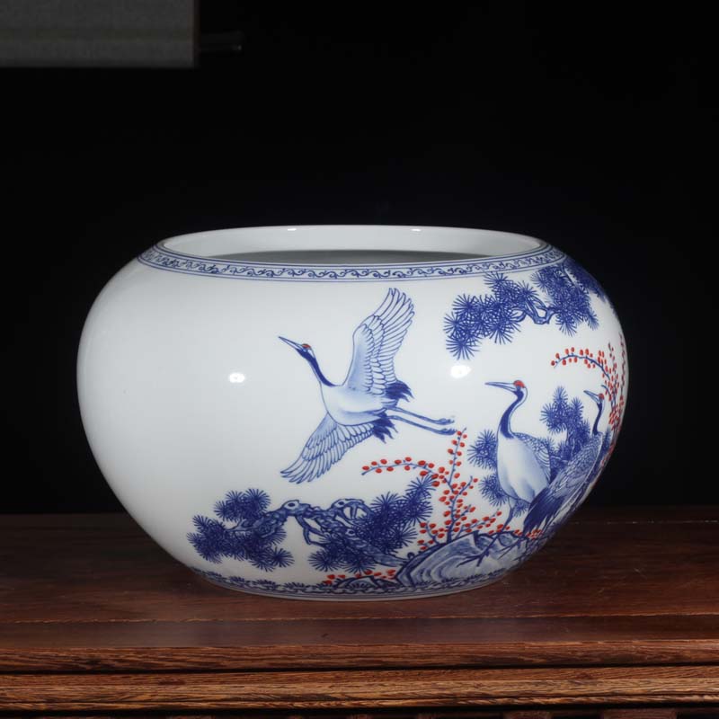 Blue and white double cranes peony writing brush washer from jingdezhen Blue and white porcelain porcelain basin display writing brush washer water shallow small cylinder