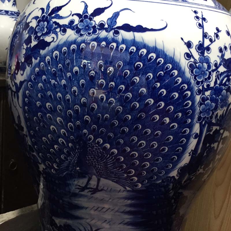 Jingdezhen blue and white peony flower adornment hand - made porcelain, 90-100 cm high general blue peacock general pot