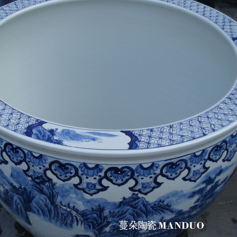 Jingdezhen q blue 80-90 - cm large diameter cylinder flower painting of flowers and birds pay homage to the king of China big courtyard cylinder