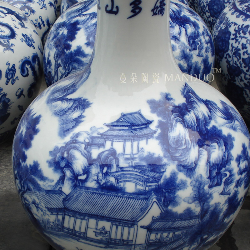 Jingdezhen blue and white landscape design 50 cm high blue and white dragon decorative porcelain vases bottles