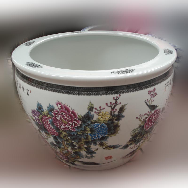 Jingdezhen porcelain peony riches and honour of the big cylinder elegant color sitting room big courtyard lotus cylinder cylinder diameter of 70