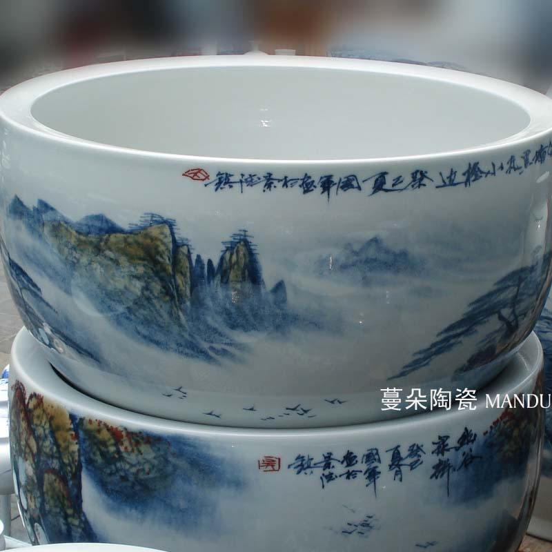 Jingdezhen hand - made scenery porcelain large living room furnishings study painting and calligraphy writing brush washer from high - grade fish porcelain cylinder cylinder