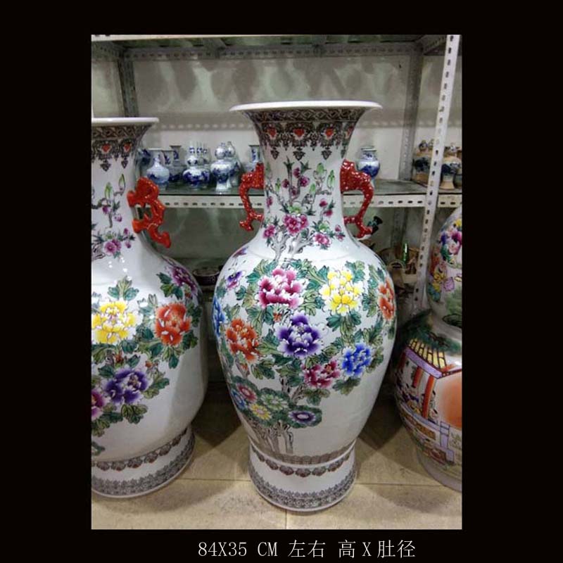 Jingdezhen 80 cm high hand - made pastel ears porcelain ceramic vase peony Wang Baizi diagram ground display vase