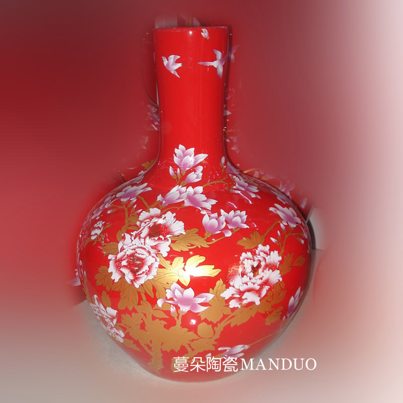 Jingdezhen red riches and honor peony demand flower porcelain vases to admire the celestial bottle vase 50 to 60 cm tall vases