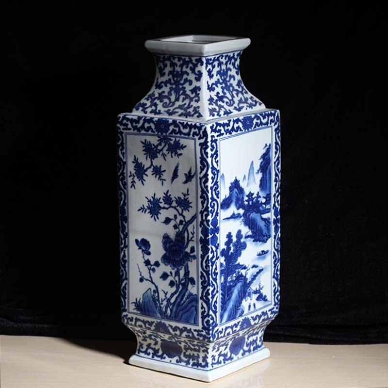 Jingdezhen blue and white square landscape flowers vase classic classical square vase appreciate vase in all directions