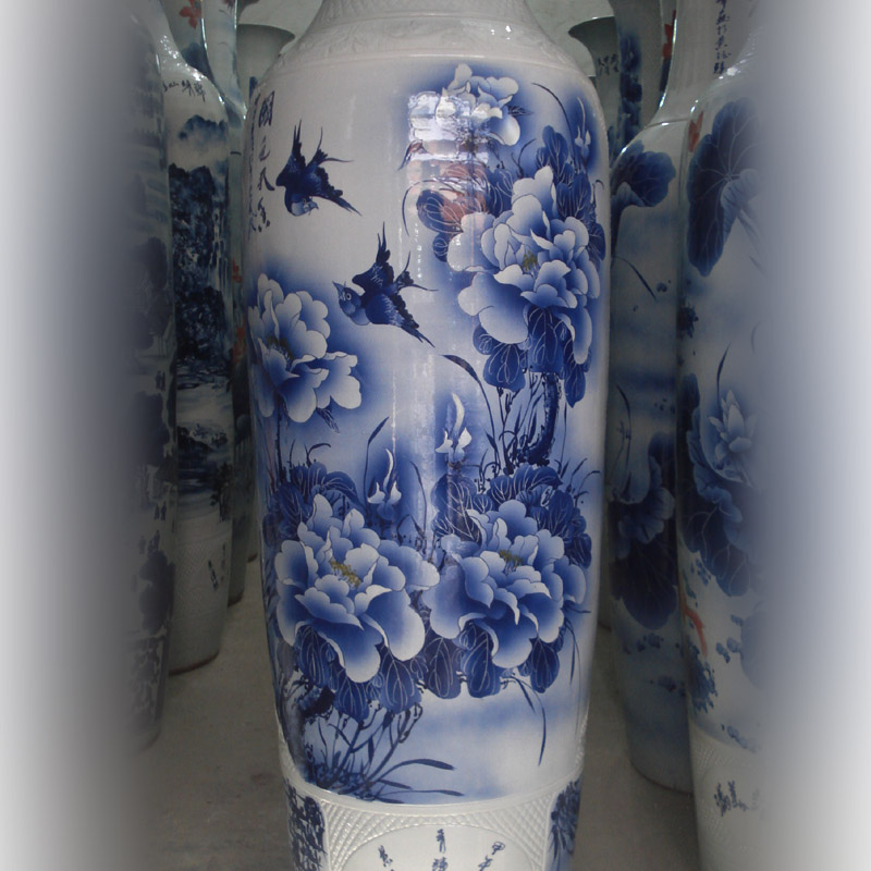 Jingdezhen hand - made all blue and white lotus flower peony double enjoy 1.8 to 2.2 meters tall vase of large companies