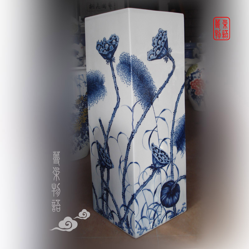 Jingdezhen blue and white lotus pure hand - made porcelain square vase zen furnishing articles abnormity square porcelain vase