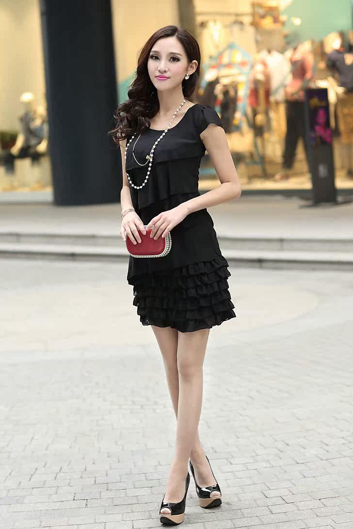 2015夏季新款女装大码韩版淑女修身显瘦蛋糕裙子短袖雪纺连衣裙