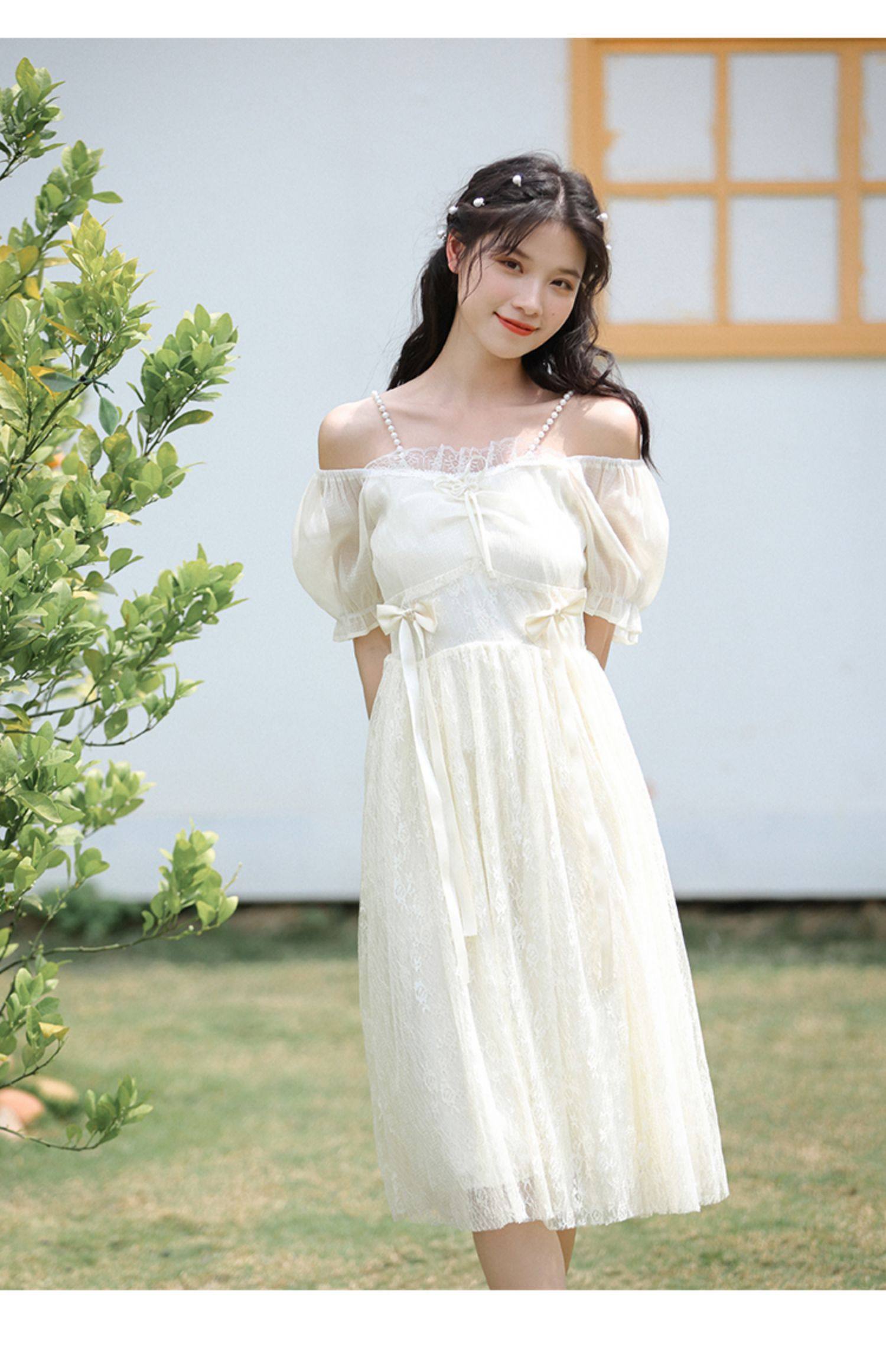 泡泡袖蝴蝶结公主裙夏季法式超仙森系蕾丝珍珠仙女裙连衣裙中长款