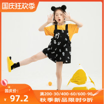 Black children cartoon print strap pants 2021 summer New loose slim A version girls wide leg pants summer