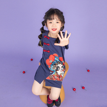 Miss Sunny original girls national tide Peking opera printed dress 2021 summer new gentle square collar T-shirt dress