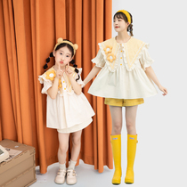 Parent-child mother-daughter clothing plaid lace pointed collar pure cotton breathable shirt fresh summer new loose foreign style womens top