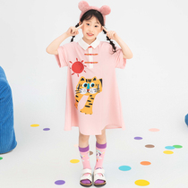 Original cartoon cute tiger print summer pink straight dress girls new polo collar loose foreign style dress