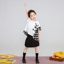 Miss Sunny original girls black and white stitching Panda T-shirt 2021 Summer cute style Western style top for children