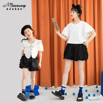 Parent-child mother-daughter clothing black elastic waist wide-leg bud shorts 2022 summer new loose casual fluffy pumpkin pants