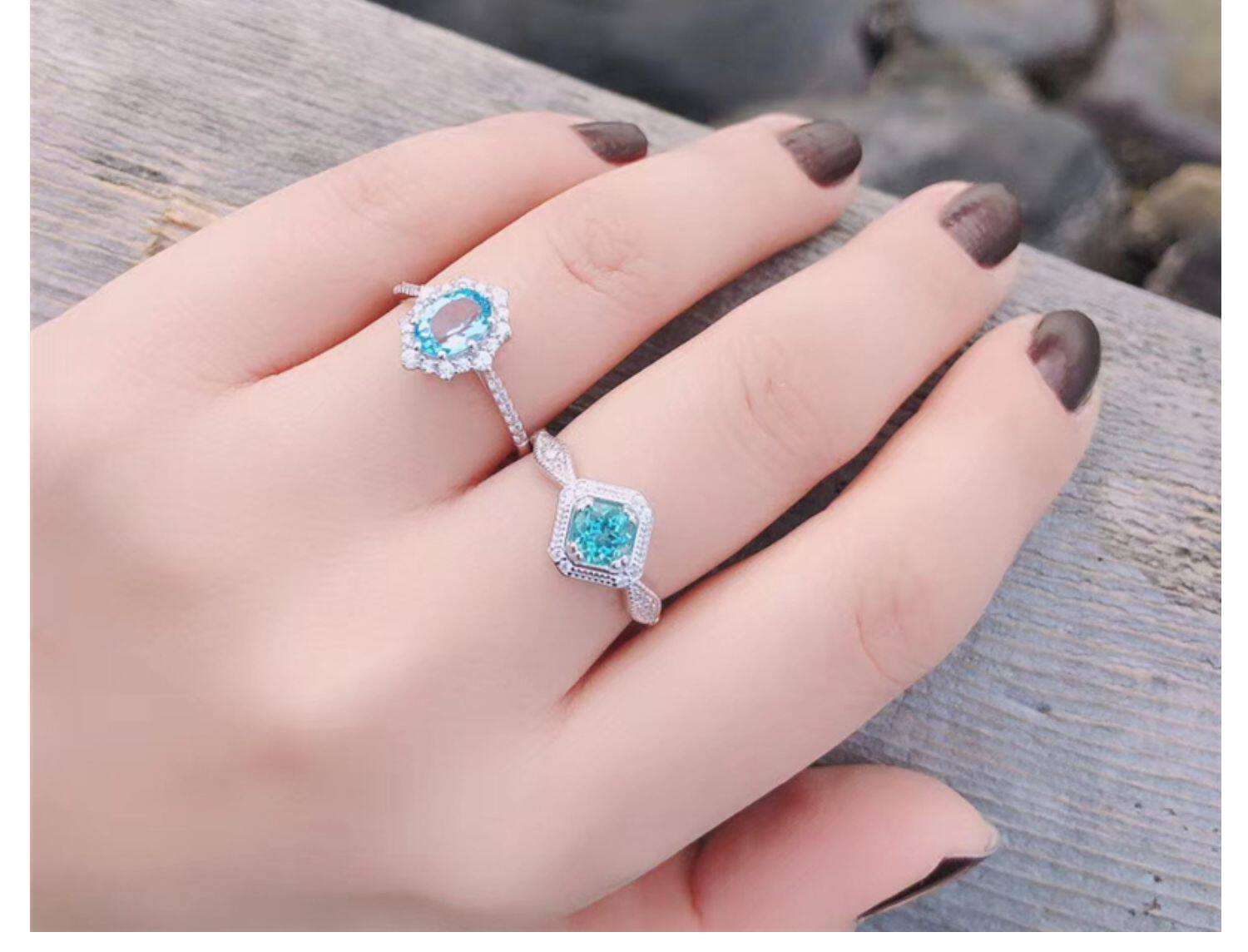 shine 天然桃粉色摩根石瑞士蓝托帕石925纯银镀14k金戒指冷淡风