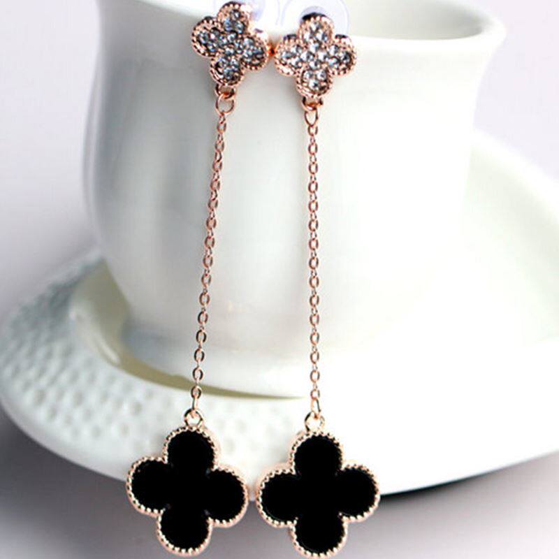 925纯银耳环长款耳坠气质四叶草耳钉防过敏韩国吊坠耳饰百搭耳夹