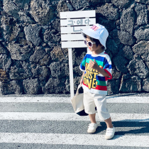 Childrens summer dress rainbow stripes short sleeve T-shirt boys half sleeve loose body shirt 2021 new summer girls foreign gas