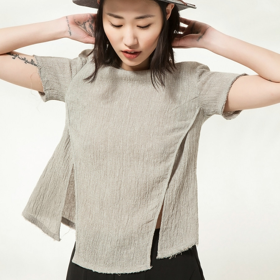 lucie luo原创独立设计师女进口亚麻解构双开叉露背小上衣