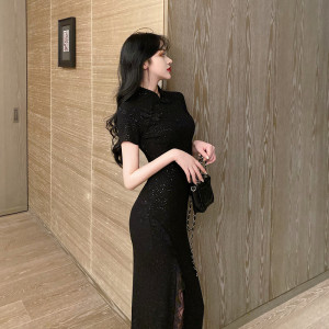 Split dark flash sexy lace improved long style cheongsam dress