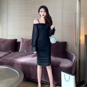 One line collar pleated Hip Wrap flared sleeve sexy dress dress