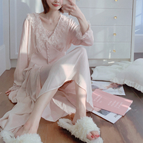 Peach honey lace suspender nightgown female two-piece sexy pajamas spring and summer home clothes skirt lace tribute satin long
