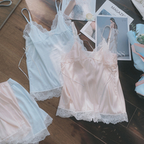 Peach honey sexy pajamas womens back suspender shorts set lace up bow lace satin casual home wear