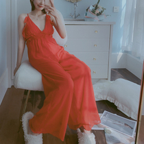 Goddess Fan sexy pajamas female jumpsuit skirt pants red chiffon low collar vneck can be worn outside home clothes summer thin model
