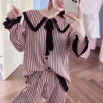 Peach honey candy pajamas women Spring and Autumn can wear Net Red Wind vertical stripes ladies home clothes set summer ice silk thin thin model