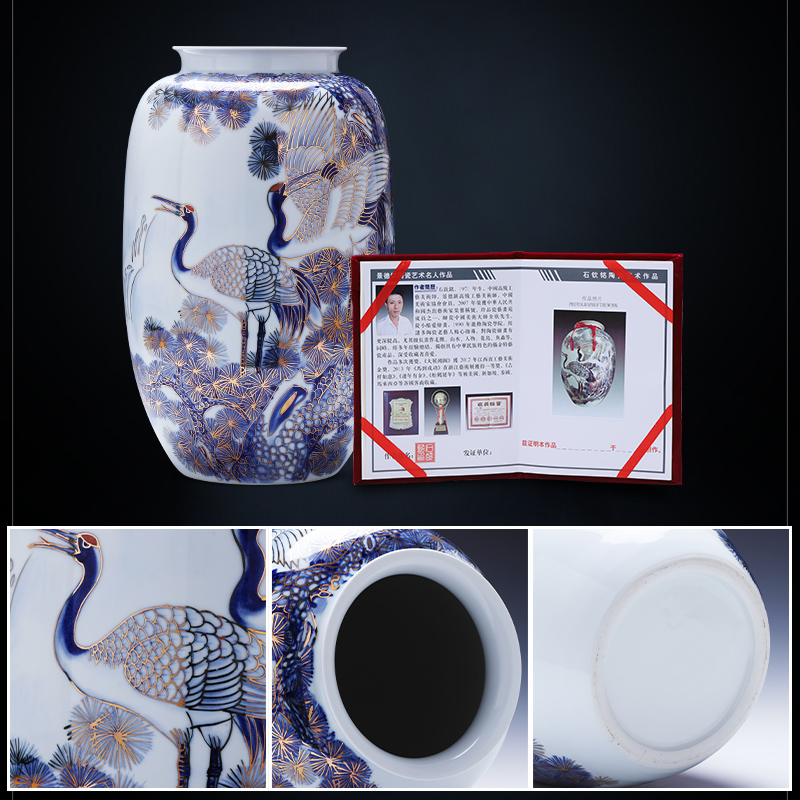 Jingdezhen ceramics hand - made paint vase furnishing articles light pine crane, live the new Chinese style key-2 luxury ground large blue and white porcelain