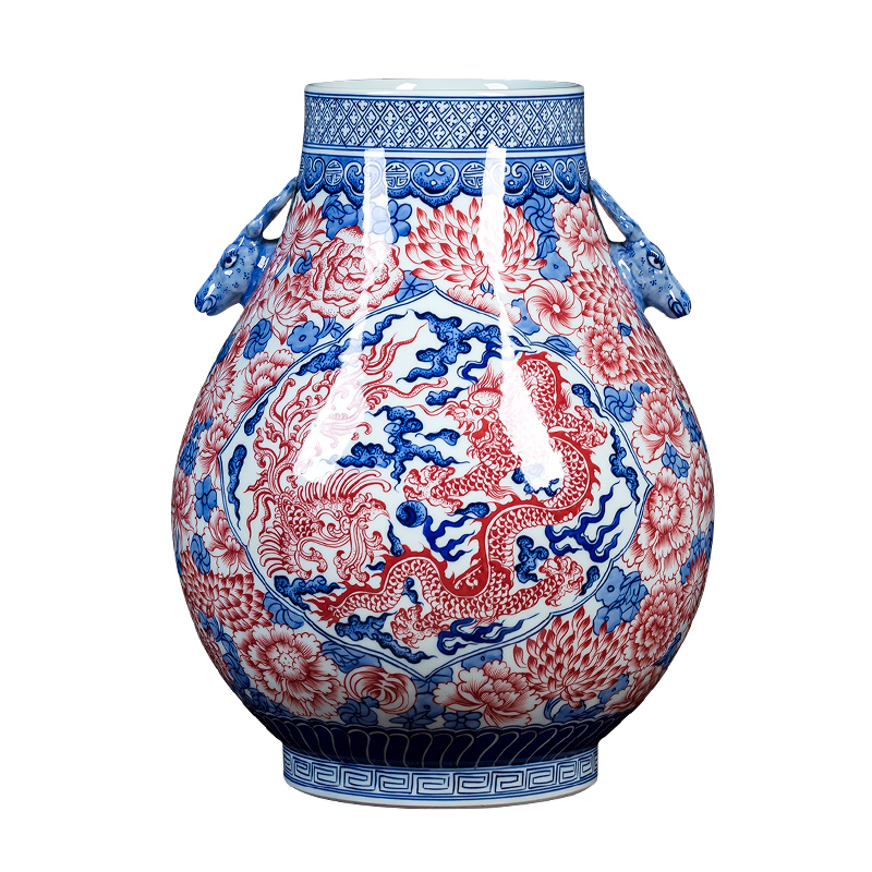 Jingdezhen ceramics antique hand - made youligong red dragon grain ears of blue and white porcelain porcelain tube vase expressions using furnishing articles