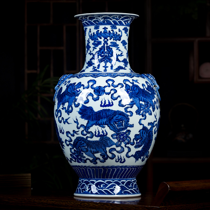 Jingdezhen ceramics glaze color hand - made the ears of the blue and white porcelain vase under the classical Chinese style household act the role ofing is tasted furnishing articles in the living room