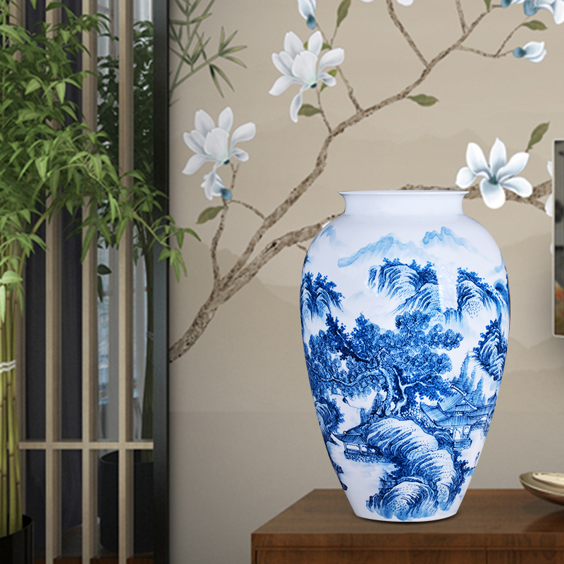 Jingdezhen ceramics hand - made large blue and white porcelain vase flower arranging furnishing articles of Chinese style living room home decoration decoration