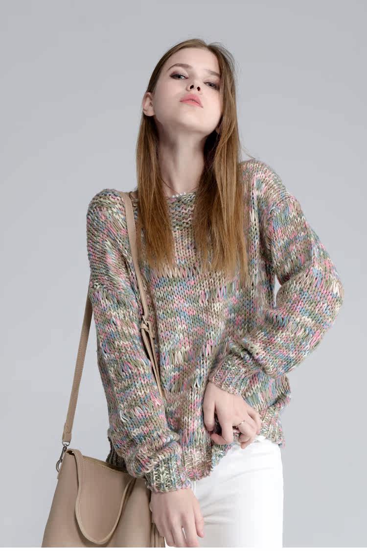 chartres女装杂色酒红长袖低圆领套头毛衣