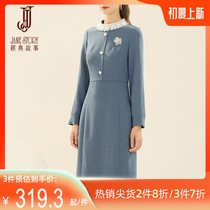 Classic Story 2022 Spring Summer New Commuter Dolls Collar Pure Color Sashimi Hip Step Skirt Long Sleeve Dress