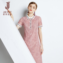 Classic story 2021 summer new lace lapel short sleeve jumpsuit skirt waist temperament thin elegant women