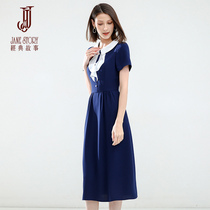 Classic Story 2021 New Collision Color Flip Collar Short Sleeve A-word Dress Sashimi Slim Mid-Length Dress Dress