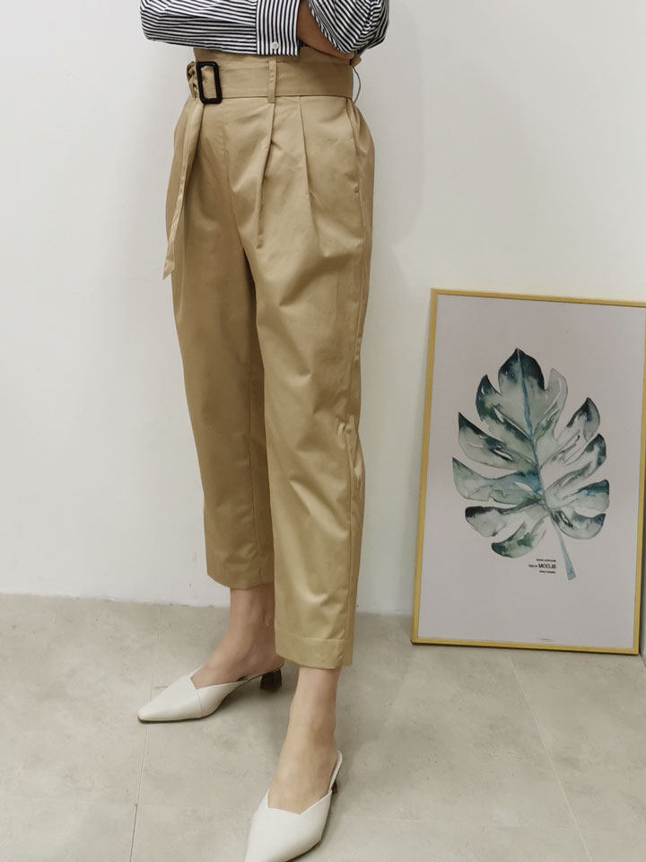 睿瑾卡其色纸袋裤女高腰百搭显瘦2019夏季新款精梳棉弹力腰小脚锥