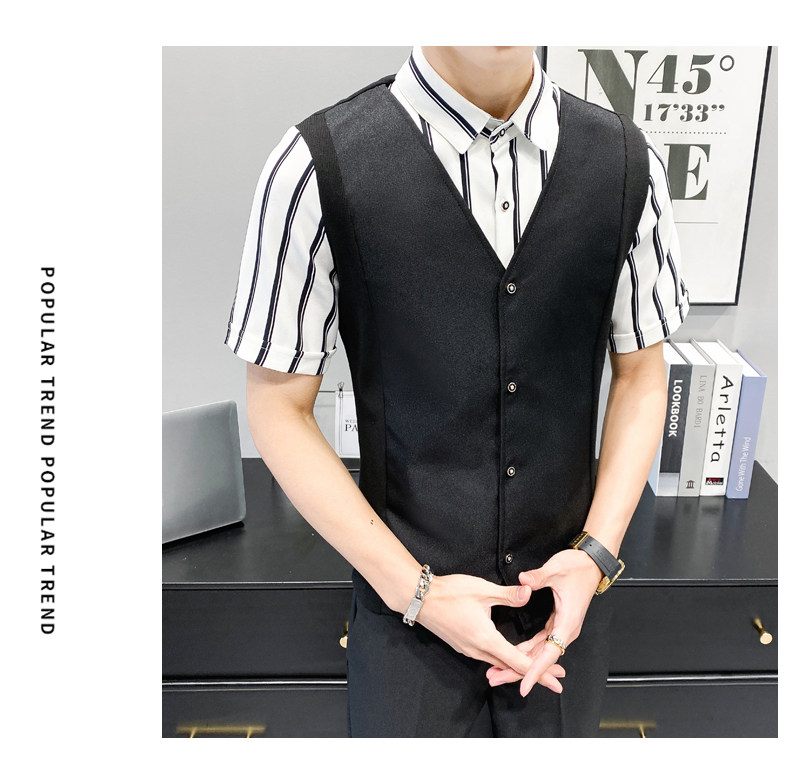 lt135男条纹衬衫夜店酒吧营业员服务员马甲短袖衬衫假两件p50