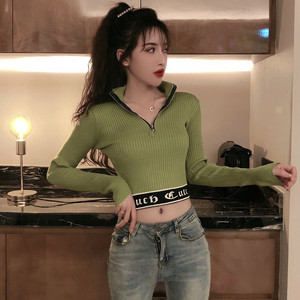 Autumn 2020 fitting up short knitted long sleeve half high collar zipper sweater with open navel