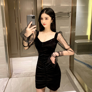 Fall 2020 new slim sexy hip dress with mesh stitching pleated velvet dress
