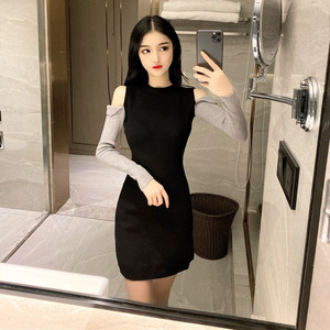 Autumn 2020 new color matching off the shoulder knitting versatile show high thin temperament dress