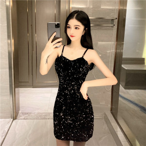 Fall 2020 New Retro Sequin Slim Fit Black A-line Sling Dress