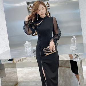 Cheongsam improved autumn / winter 2020 mid length waist closing show thin mesh stitching buttock black dress