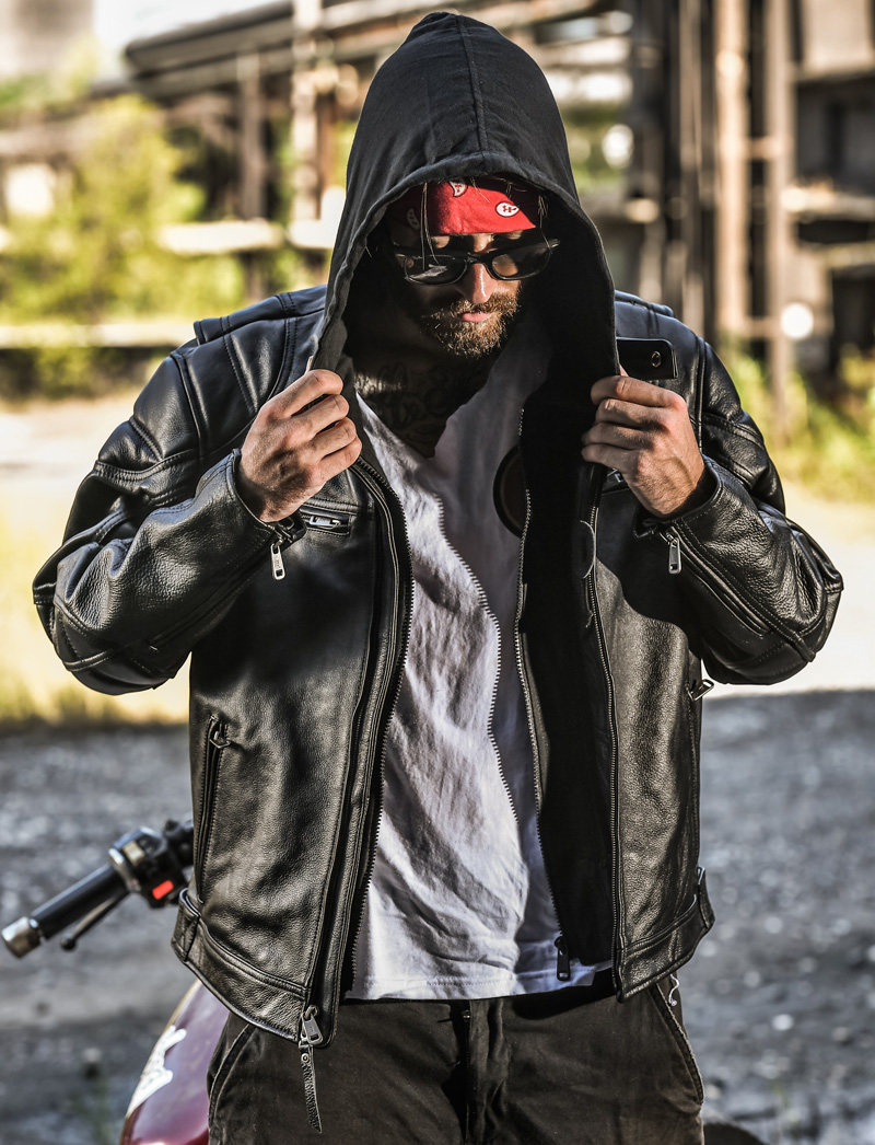 男士真皮皮衣哈雷天使机车骑行服连帽护具皮夹克青年摩托车短外套