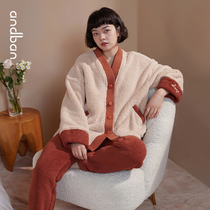 Anzhipajamas womens winter New long sleeves thick warm coral velvet home clothes color color cardigan set