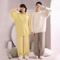 (Double eleven pre-sale) Anzhipajamas womens winter new half-sided velvet round neck home clothing thick warm set