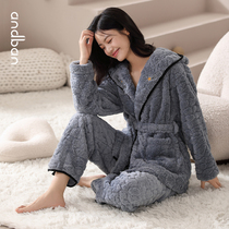 Anns pajamas womens winter New coral velvet plus velvet thick warm lovely home clothes large size hooded set