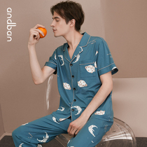 Ann with cotton pajamas mens summer short sleeve trousers thin simple cardigan mens home clothing set spring and summer