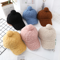 Autumn and winter cap childrens Korean version of lambskin solid color baseball cap Childrens wool ball hat Childrens warm hat